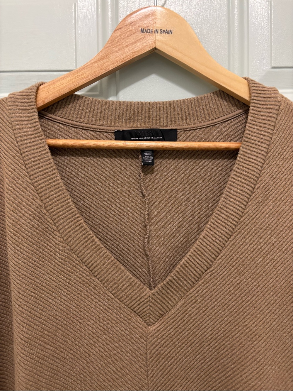 White House Black Market Ribbed V-Neck Sweater in Camel - Picture 2 of 8